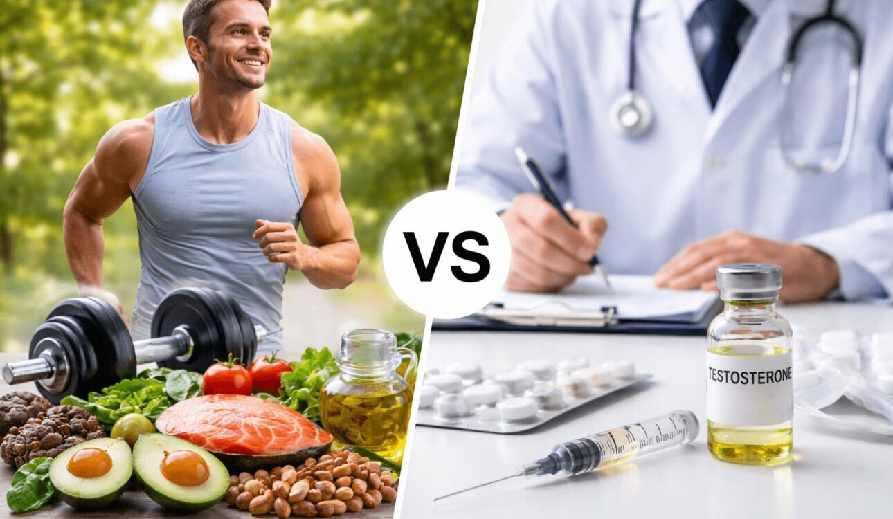 Boost testosterone naturally vs TRT comparison showing lifestyle changes and testosterone therapy