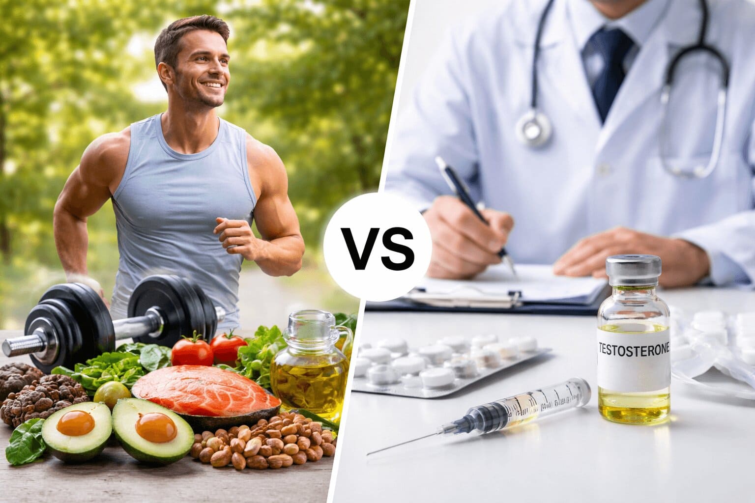 Boost testosterone naturally vs TRT comparison showing lifestyle changes and testosterone therapy