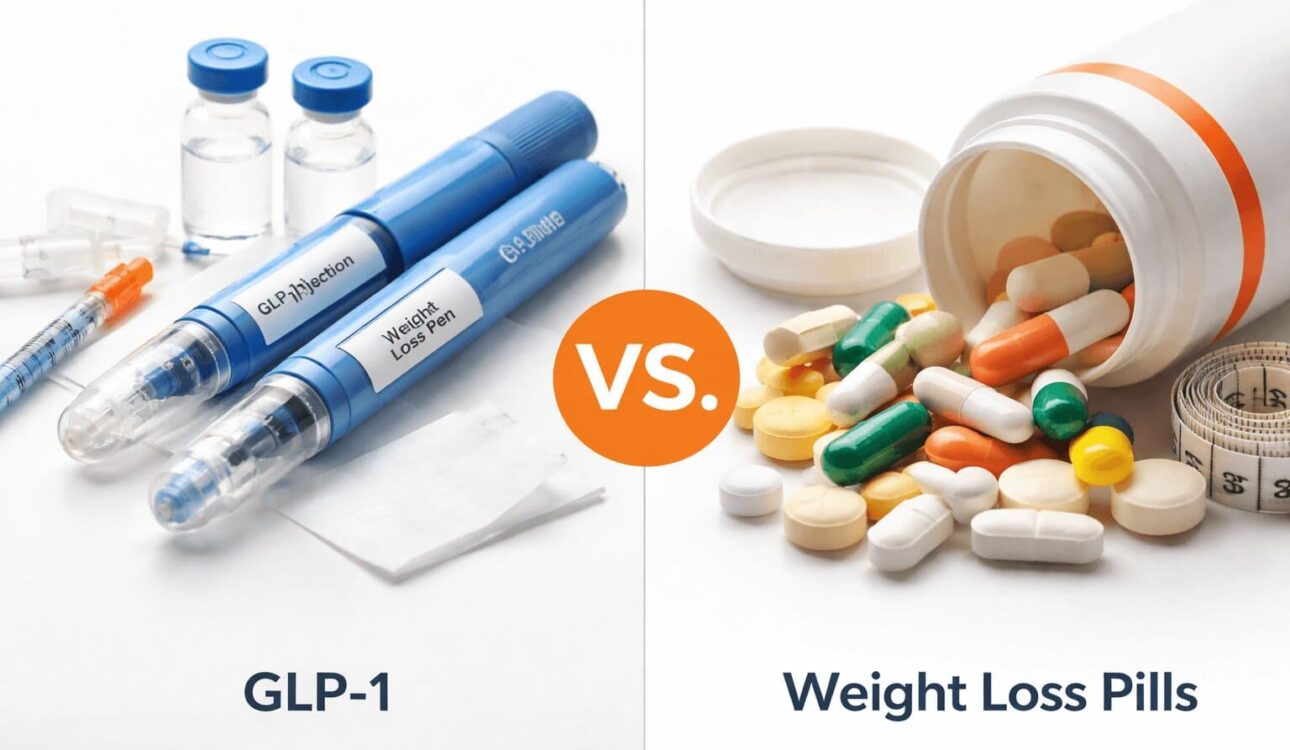 GLP-1 vs weight loss pills comparison showing injectable and oral medication options