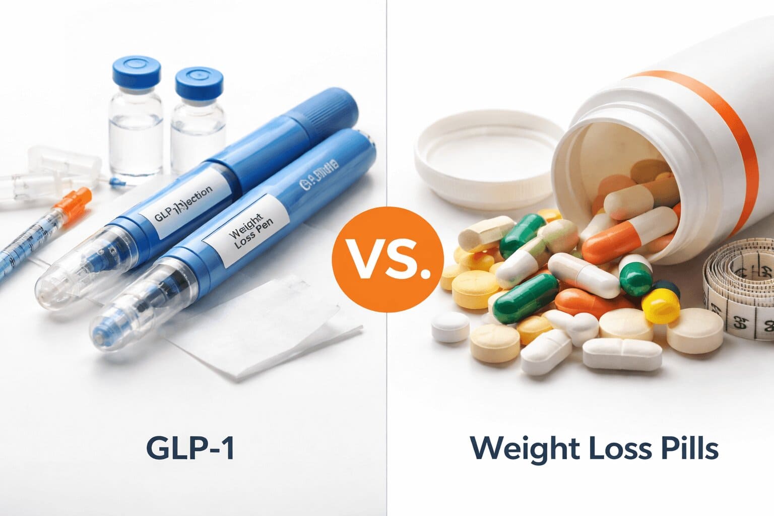 GLP-1 vs weight loss pills comparison showing injectable and oral medication options